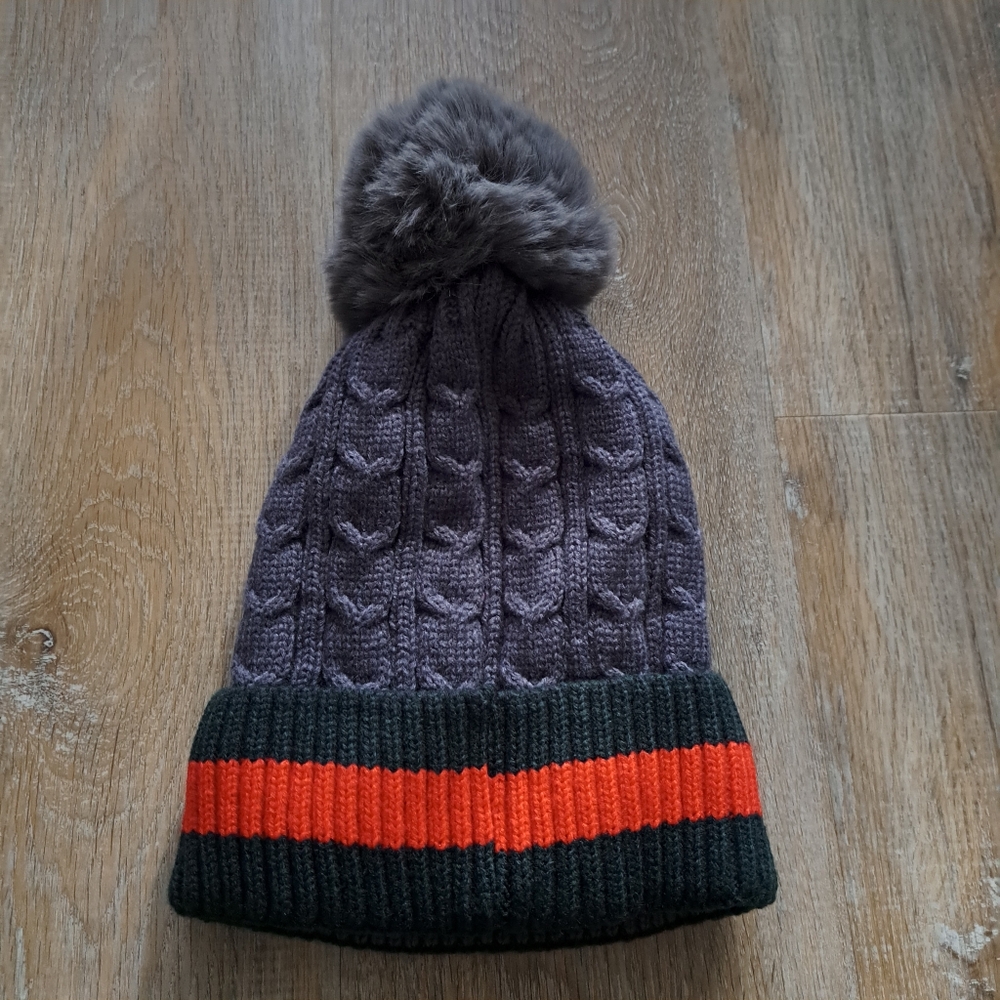 Grey Red Green Striped Soft Pom Knit Beanie Hat Insulated One Size NWOT